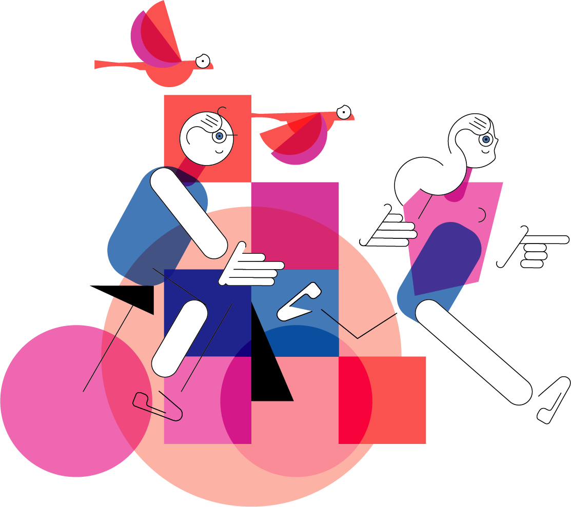 Une illustration stylisée montrant une personne qui fait du vélo, une personne qui court, et deux oiseaux volants au-dessus d'elles.
