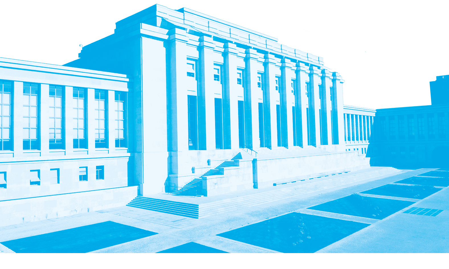 A blue and white image of a historical building at the Palais des Nations, which has tall windows and faces a large courtyard.