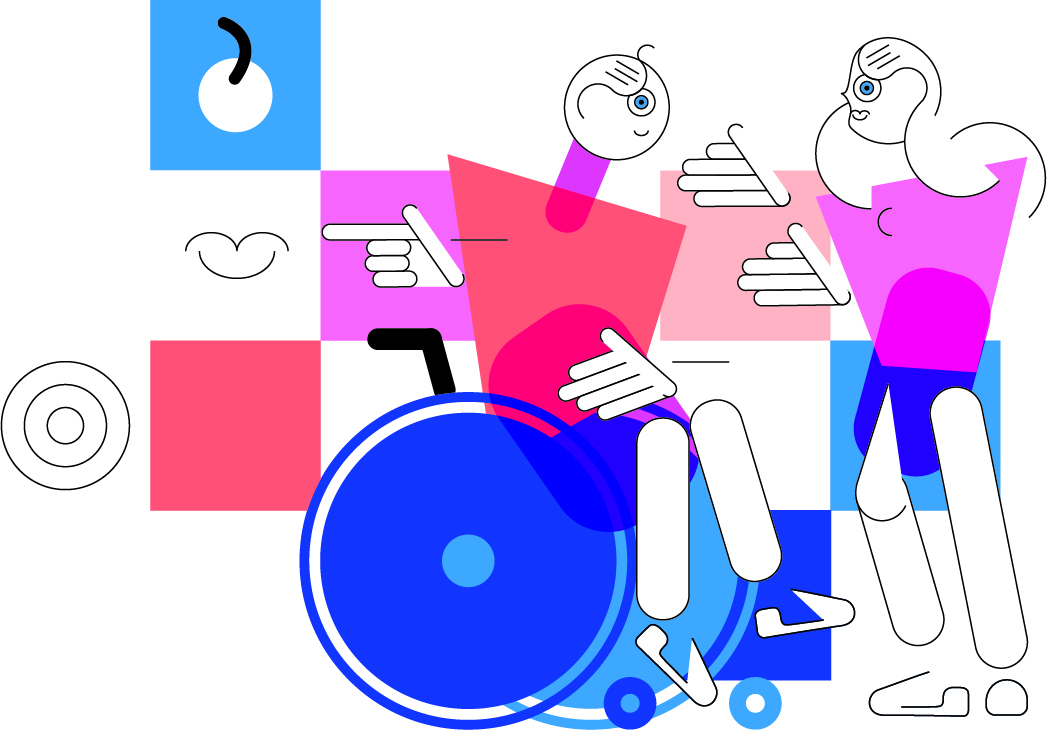 A stylized illustration showing a person in a wheelchair talking to another person.