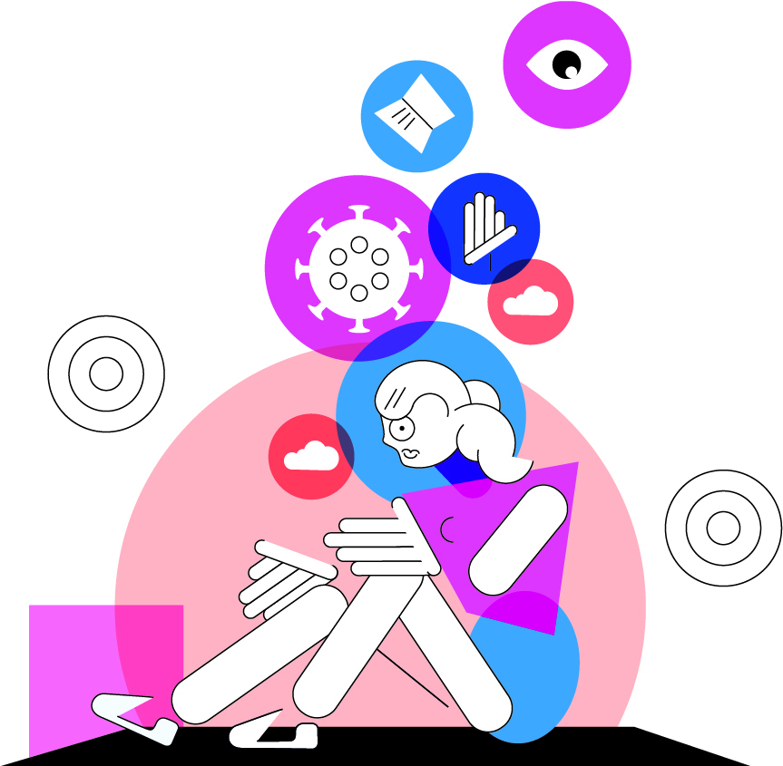 A stylized illustration showing a person sitting on an exercise mat. Thinking bubbles levitate above the person’s head and show an eye, a book, COVID19 virus and clouds.