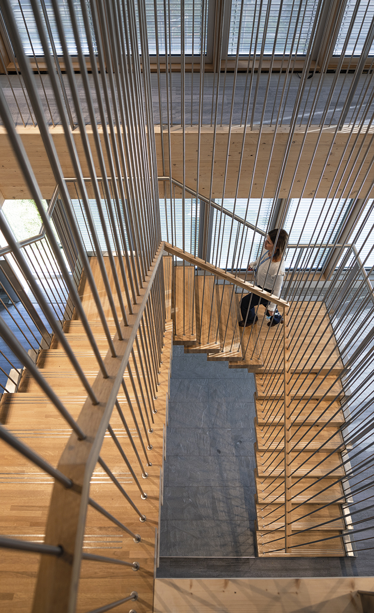 A female person climbs the wooden stairs with a metal fence.